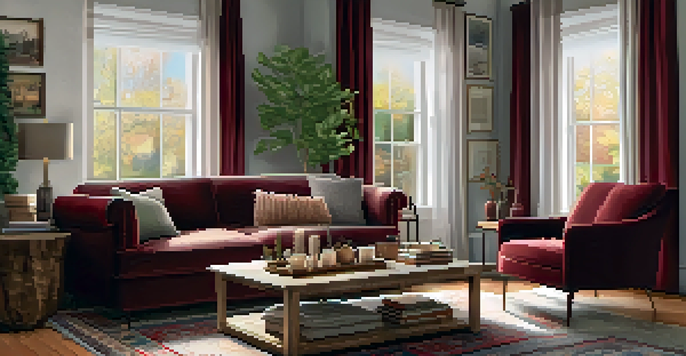A warm and inviting living room with a burgundy throw on a gray sofa, colorful pillows, and a coffee table with hot cocoa and books.