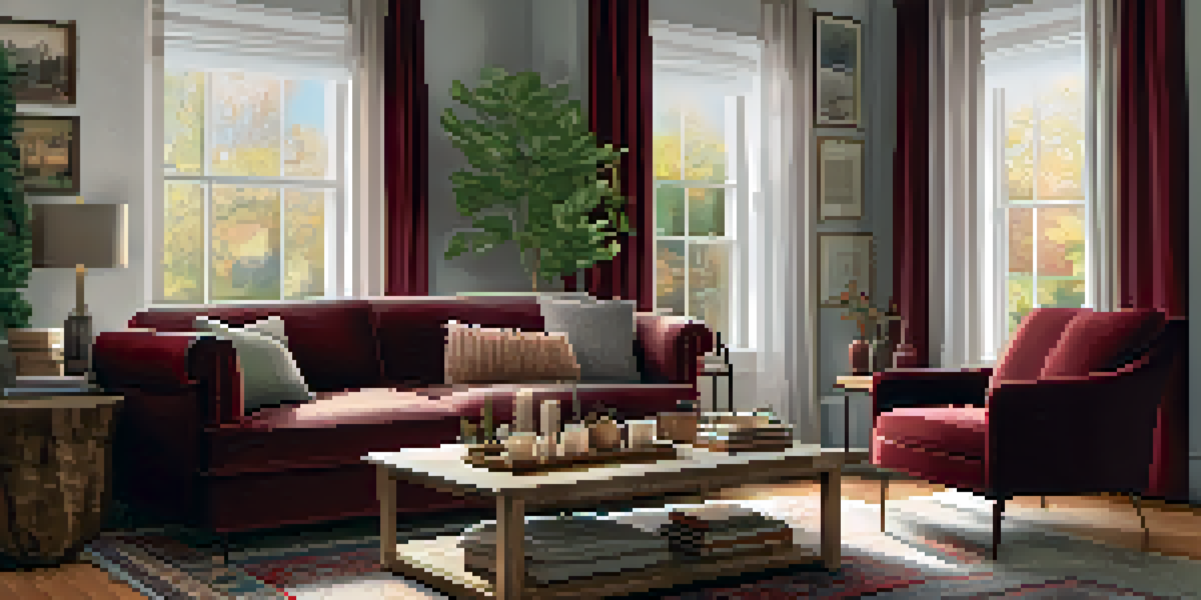 A warm and inviting living room with a burgundy throw on a gray sofa, colorful pillows, and a coffee table with hot cocoa and books.