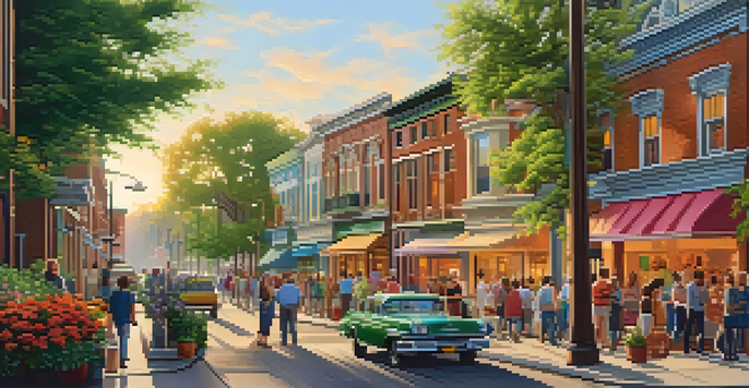 A vibrant historic neighborhood with restored buildings, diverse people, and local artists painting murals during sunset.