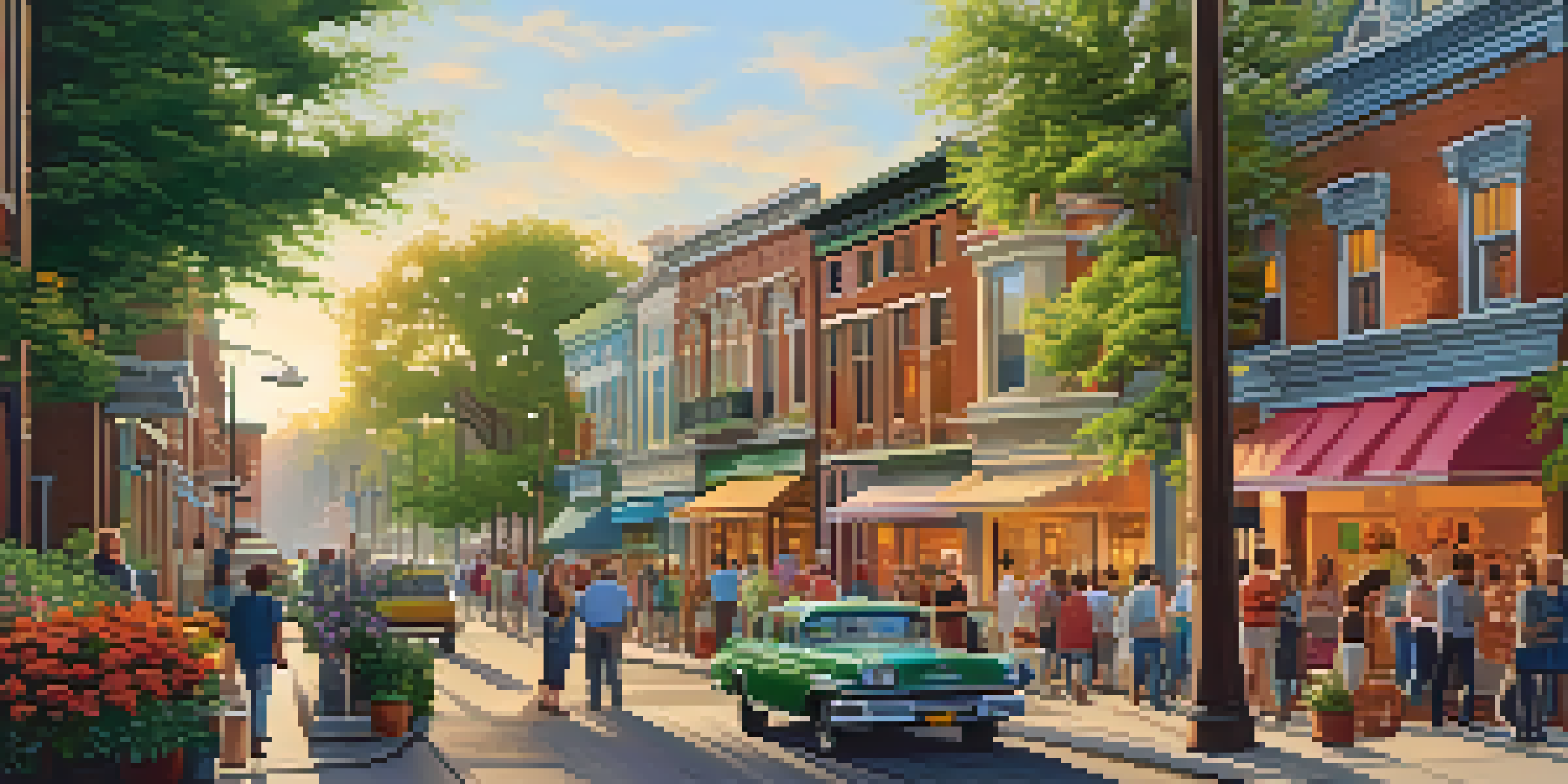 A vibrant historic neighborhood with restored buildings, diverse people, and local artists painting murals during sunset.