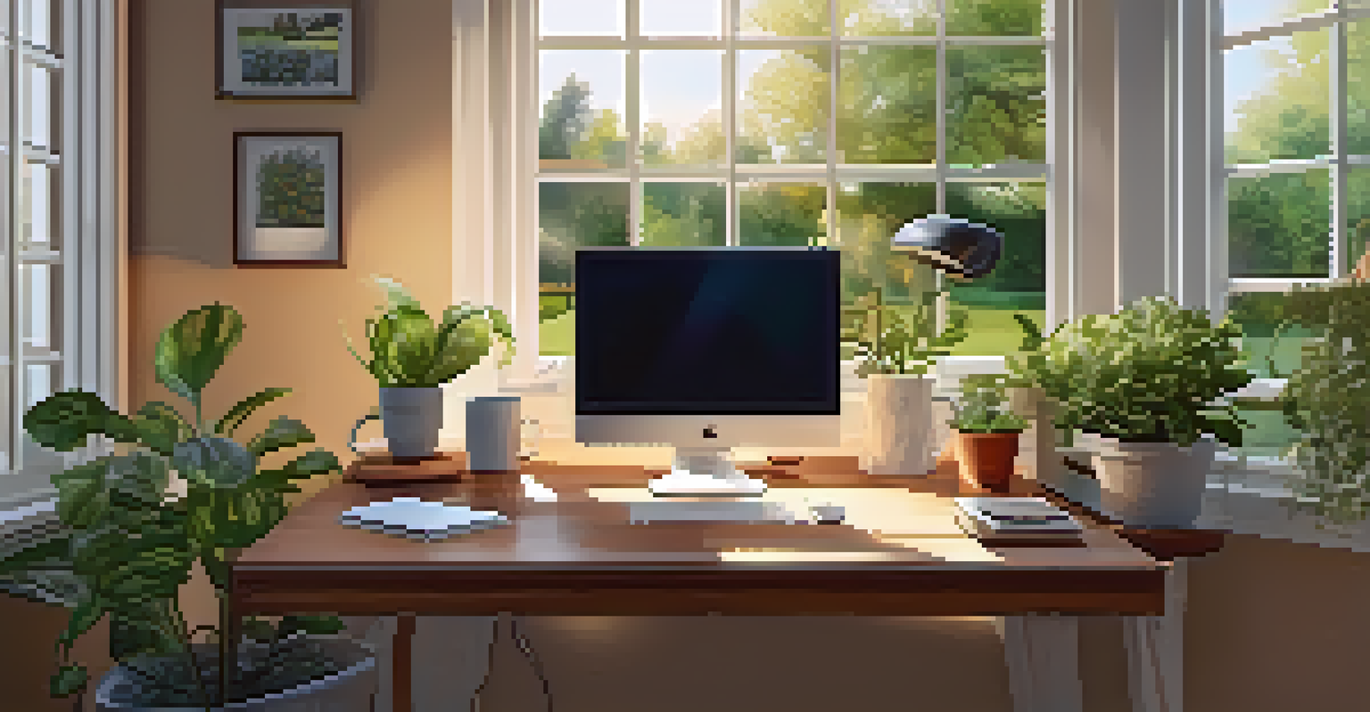 A bright and inviting home office space with a laptop, plants, and a garden view through large windows.