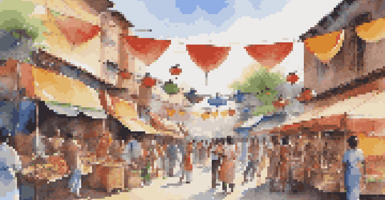 A bustling cultural festival in an urban neighborhood, featuring food stalls and diverse attendees.