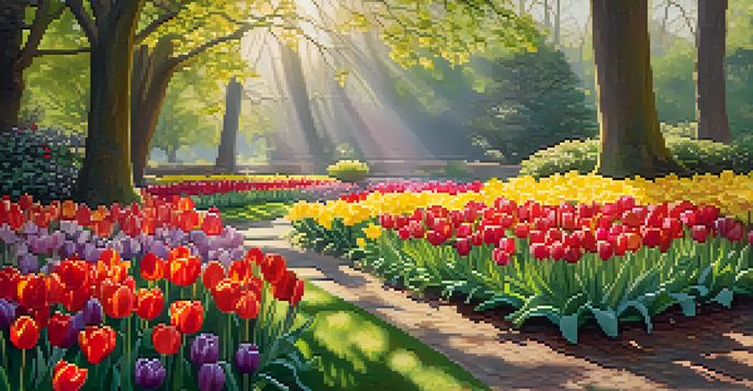 A colorful spring garden with blooming tulips and daffodils under sunlight, surrounded by green foliage.