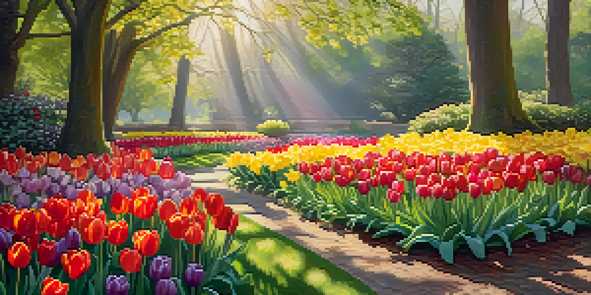 A colorful spring garden with blooming tulips and daffodils under sunlight, surrounded by green foliage.