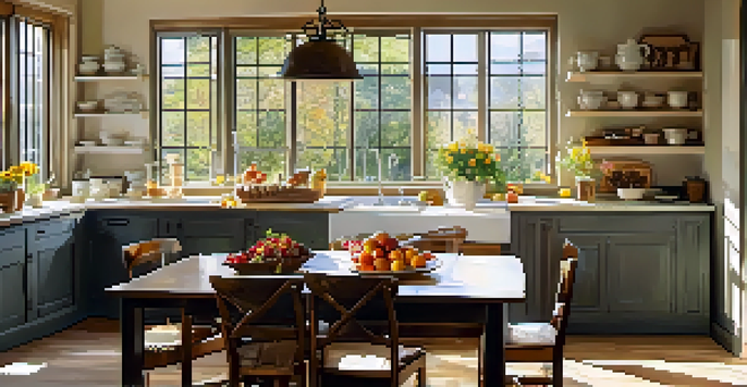 A bright and cozy kitchen with a wooden dining table set for breakfast, illuminated by sunlight coming through large windows.