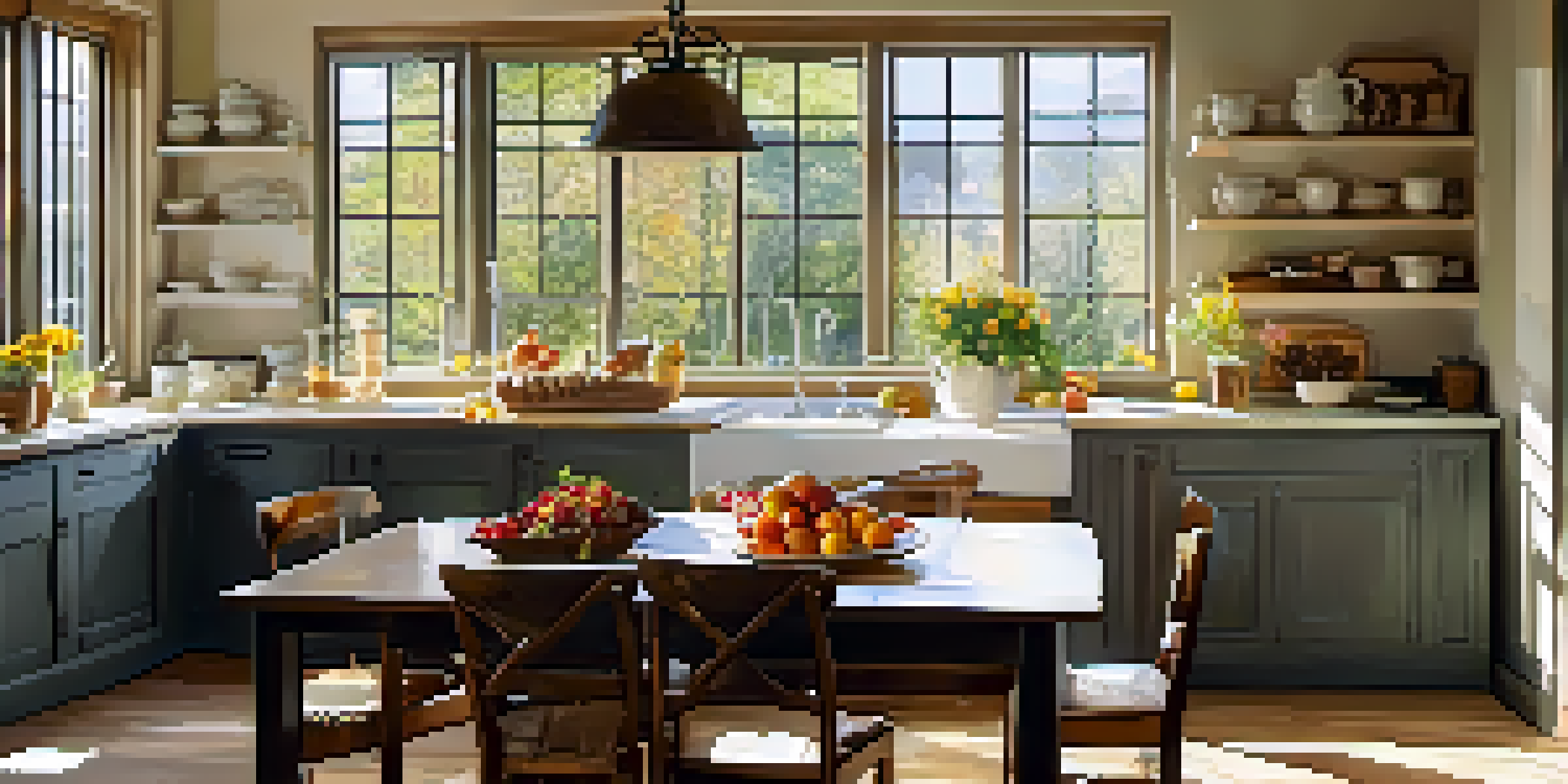 A bright and cozy kitchen with a wooden dining table set for breakfast, illuminated by sunlight coming through large windows.