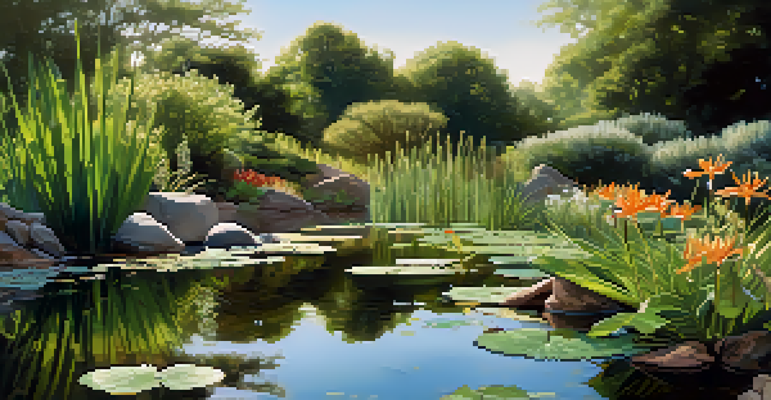 A small pond with lily pads surrounded by rocks and native plants, with frogs and insects visible, reflecting sunlight.