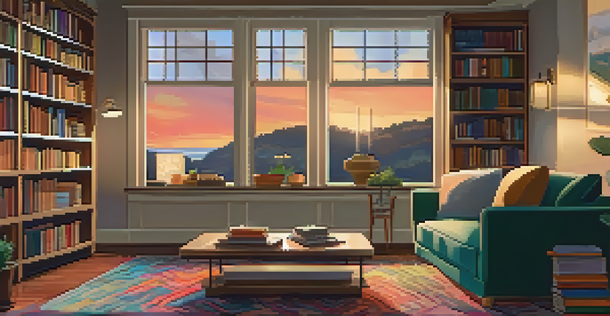A cozy living room with a sofa, coffee table, and sunset view through the window.