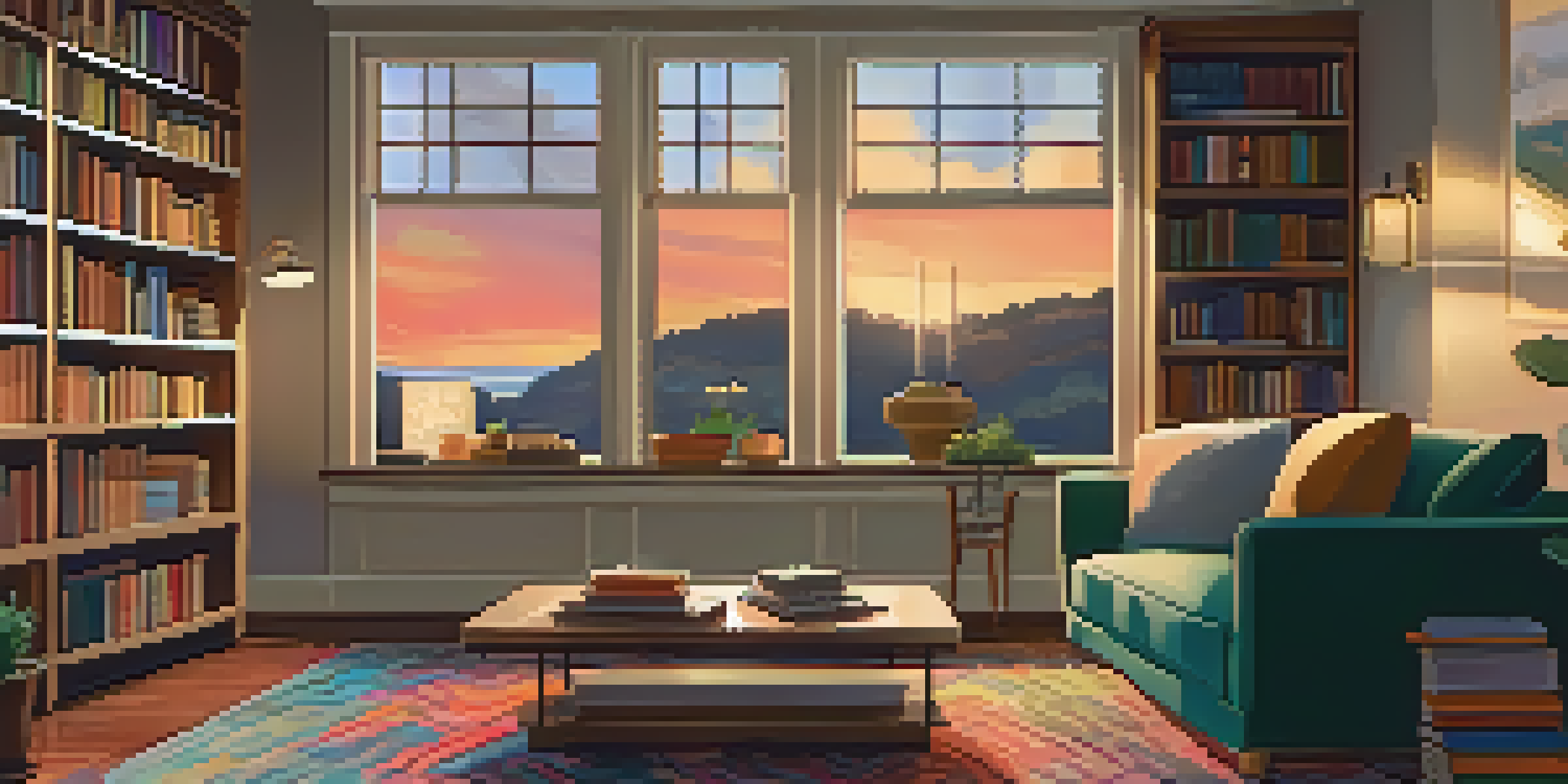 A cozy living room with a sofa, coffee table, and sunset view through the window.