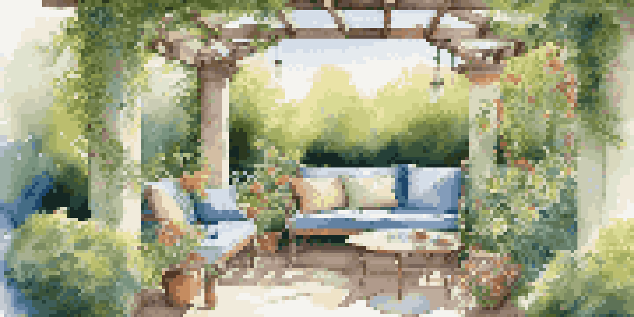 A serene garden with a stylish pergola and cozy seating area surrounded by blooming flowers and greenery.