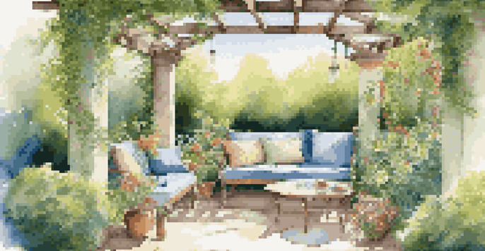 A serene garden with a stylish pergola and cozy seating area surrounded by blooming flowers and greenery.