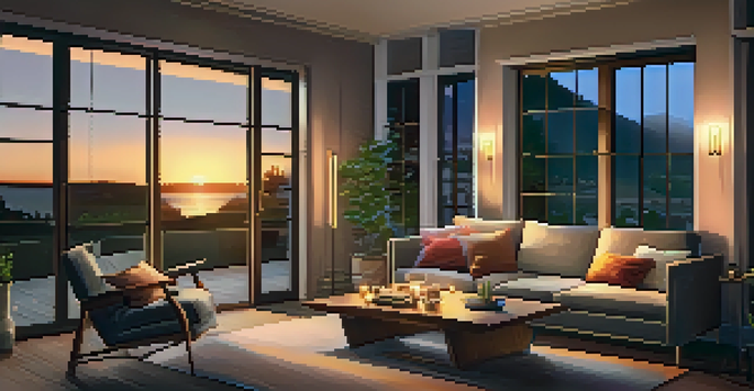 A cozy living room with warm lighting, plush furniture, and a sunset view through the window.