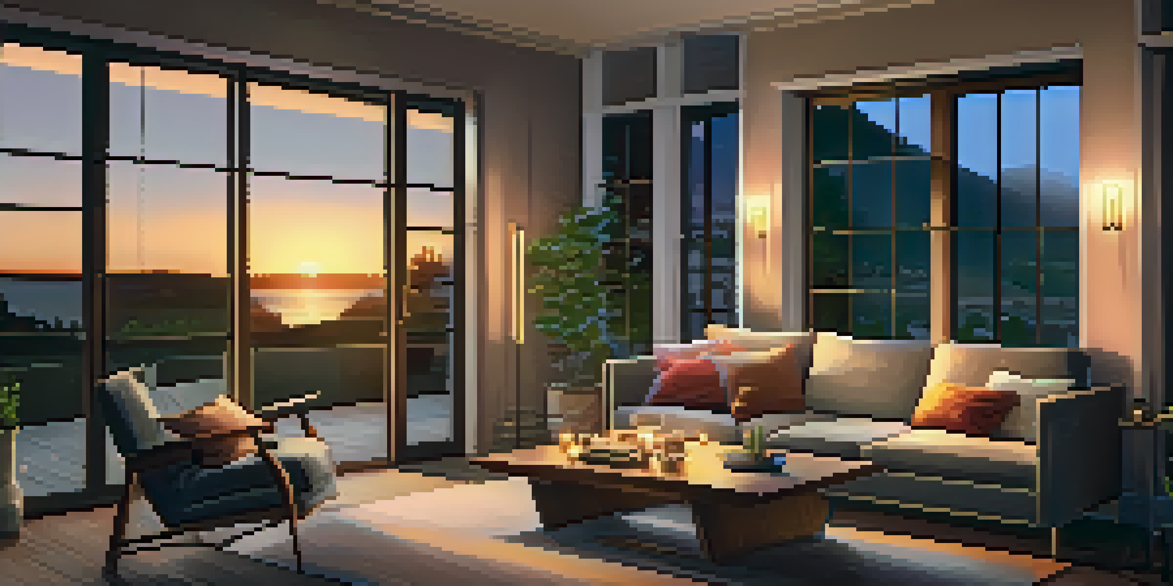 A cozy living room with warm lighting, plush furniture, and a sunset view through the window.