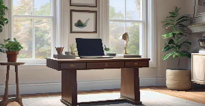 A cozy home office with a wooden desk, ergonomic chair, and a window allowing natural light. The desk has a laptop and a small plant.