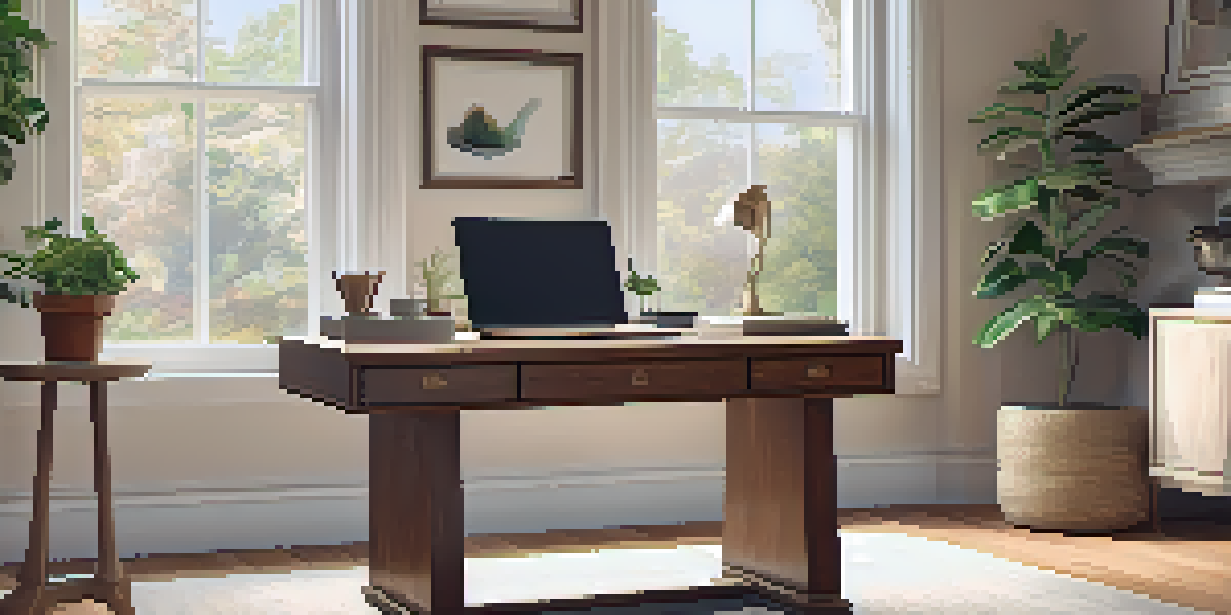 A cozy home office with a wooden desk, ergonomic chair, and a window allowing natural light. The desk has a laptop and a small plant.