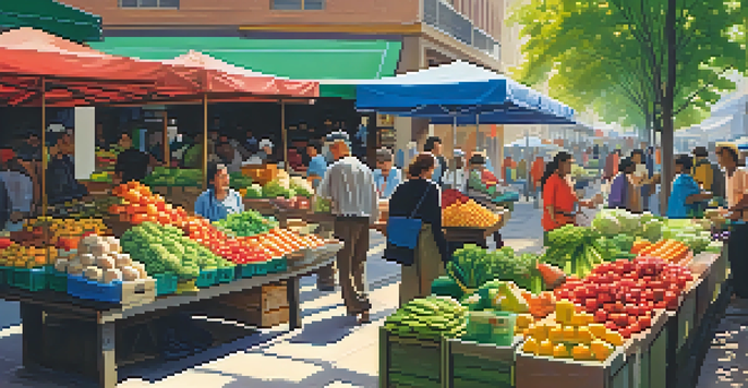 A lively city market with various stalls selling fruits and vegetables, and shoppers engaging with vendors under the sunlight.