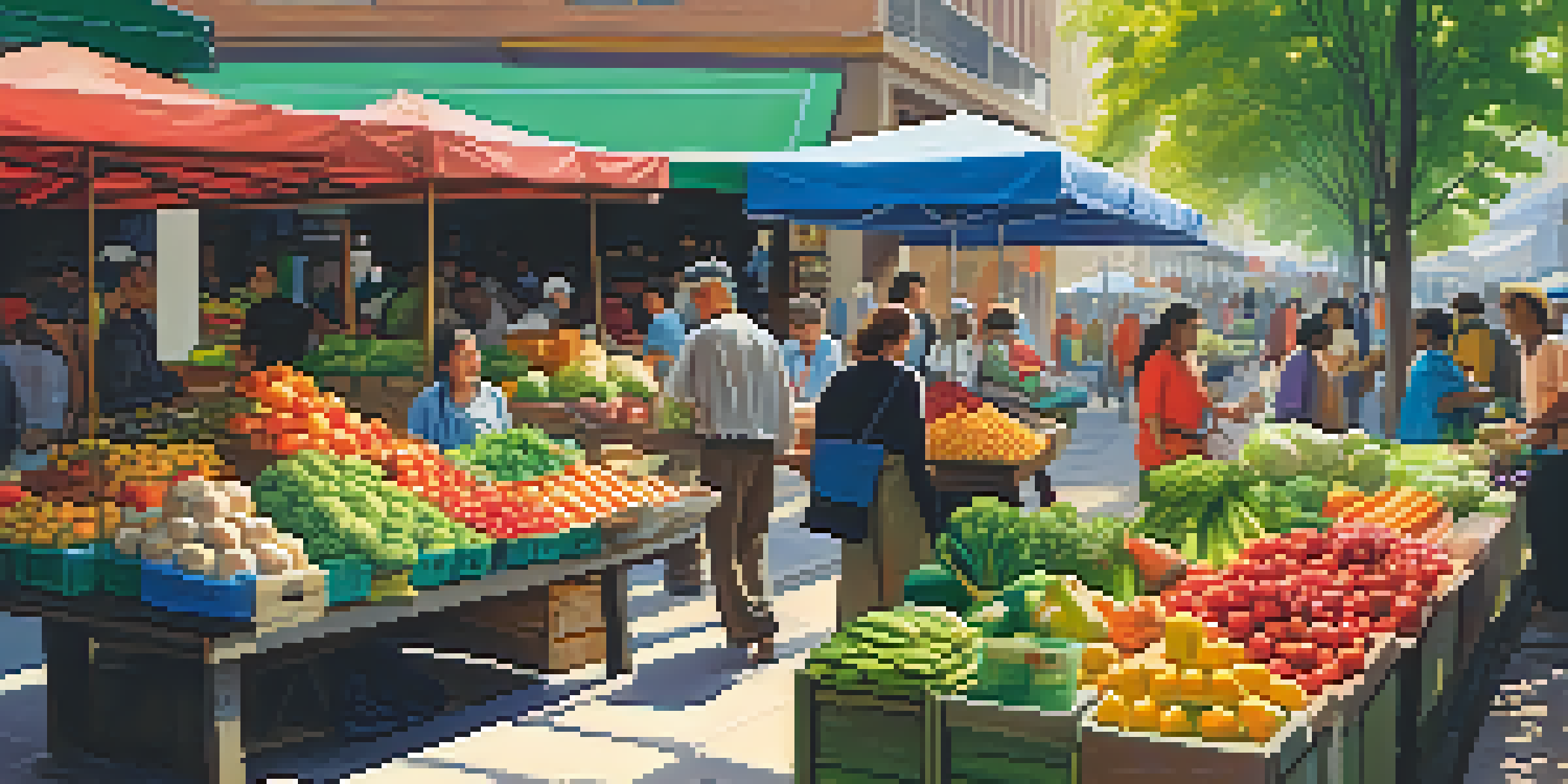 A lively city market with various stalls selling fruits and vegetables, and shoppers engaging with vendors under the sunlight.