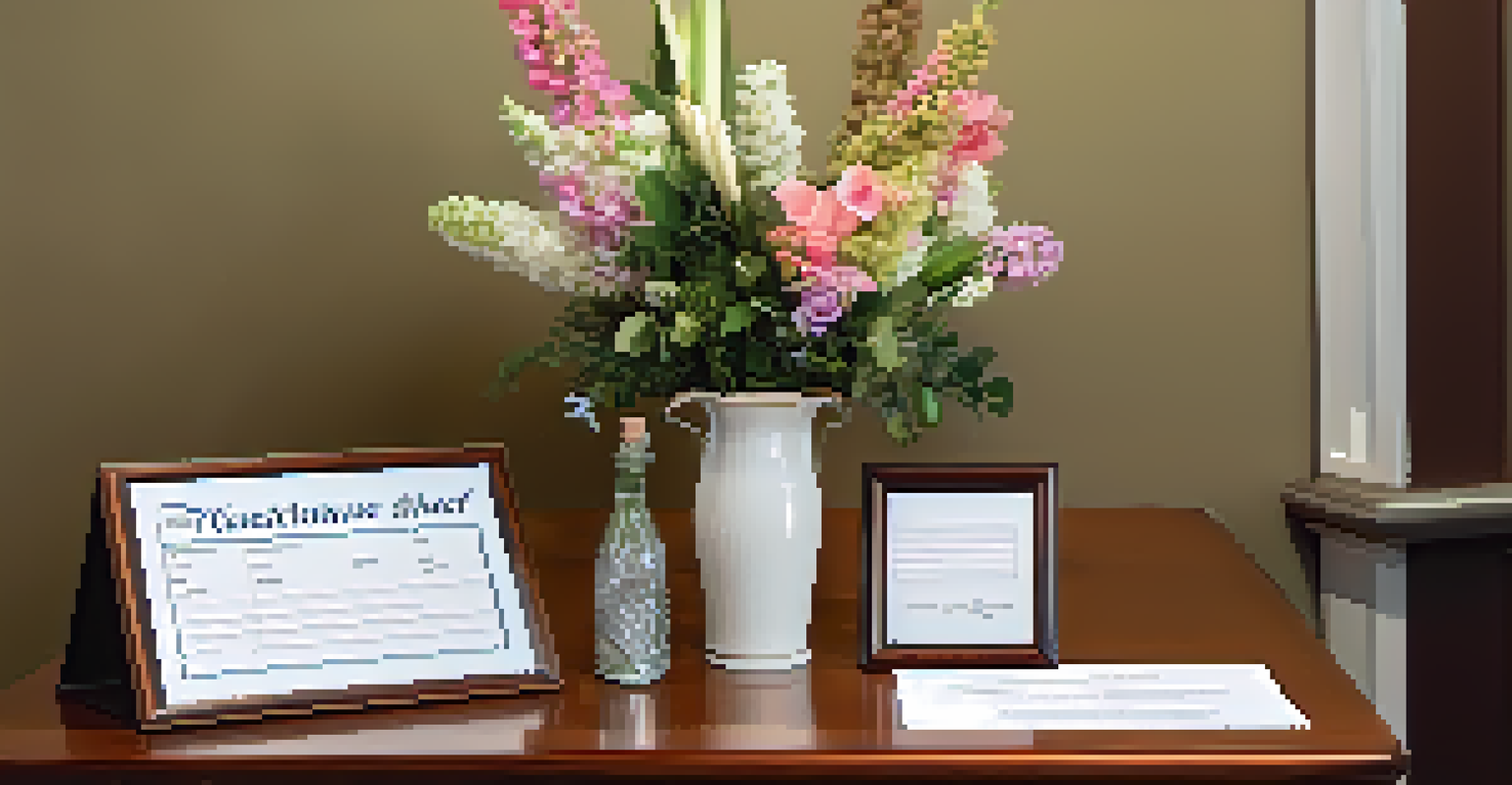 A close-up of a guest check-in table with a sign-in sheet and flowers.