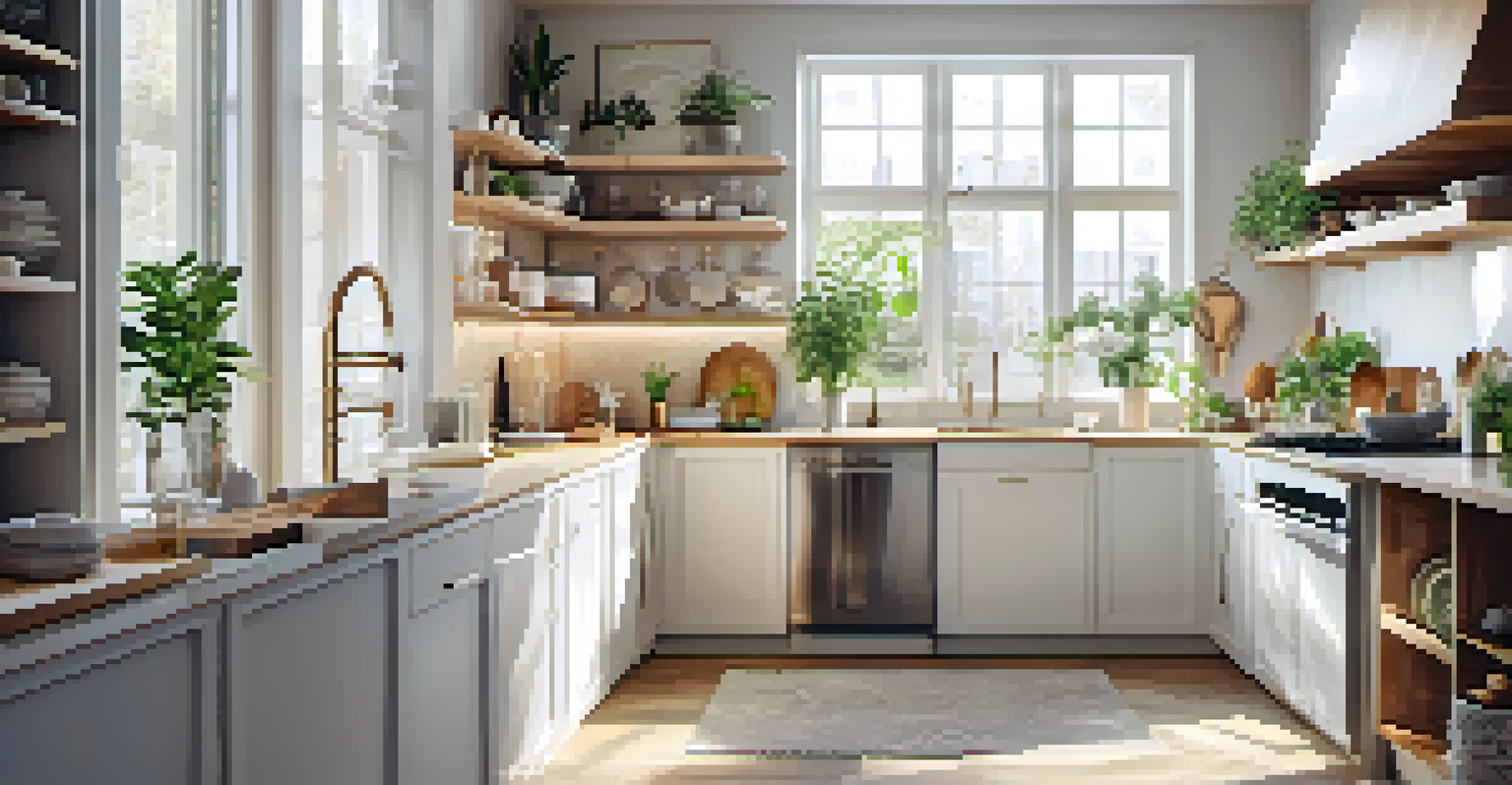 An elegantly designed small kitchen with natural light, metallic light fixtures, and open shelving displaying dishware and plants.