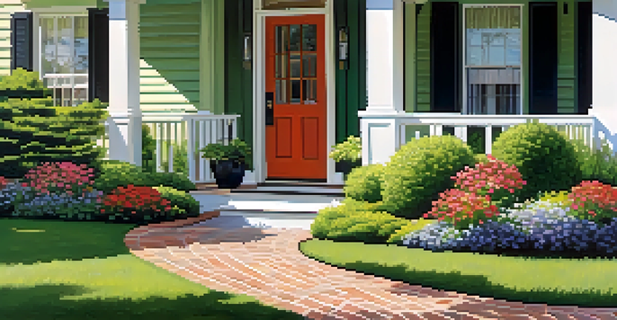 A bright and colorful view of a well-maintained home exterior with landscaped gardens and a clean driveway.