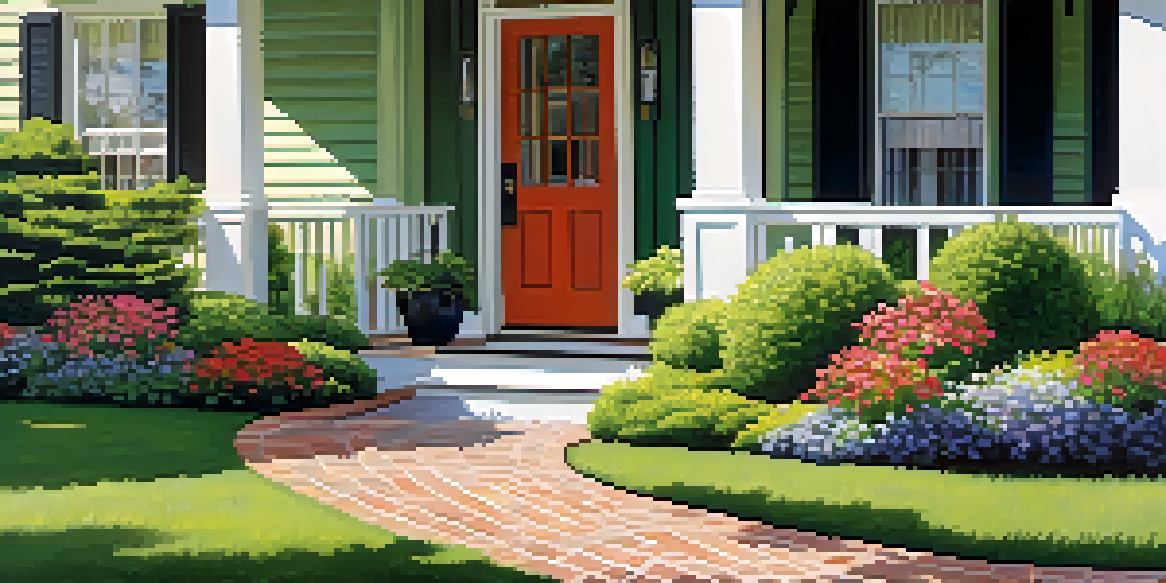 A bright and colorful view of a well-maintained home exterior with landscaped gardens and a clean driveway.