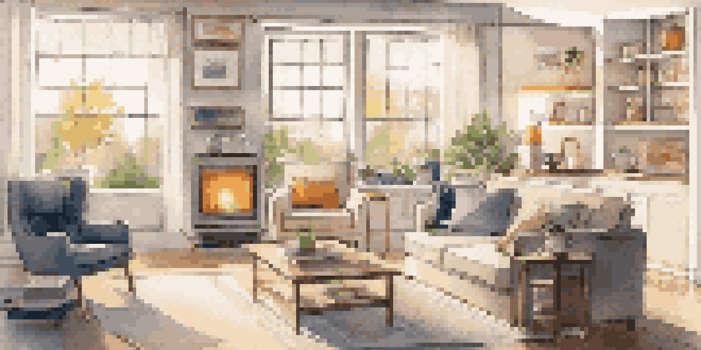 A cozy living room filled with smart home devices, including a smart thermostat and a coffee maker, illuminated by soft lighting and natural light from the windows.