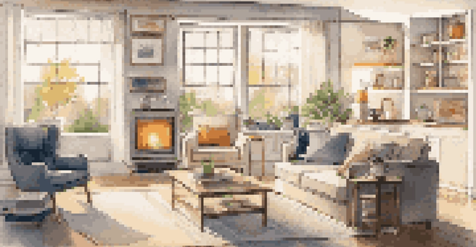 A cozy living room filled with smart home devices, including a smart thermostat and a coffee maker, illuminated by soft lighting and natural light from the windows.