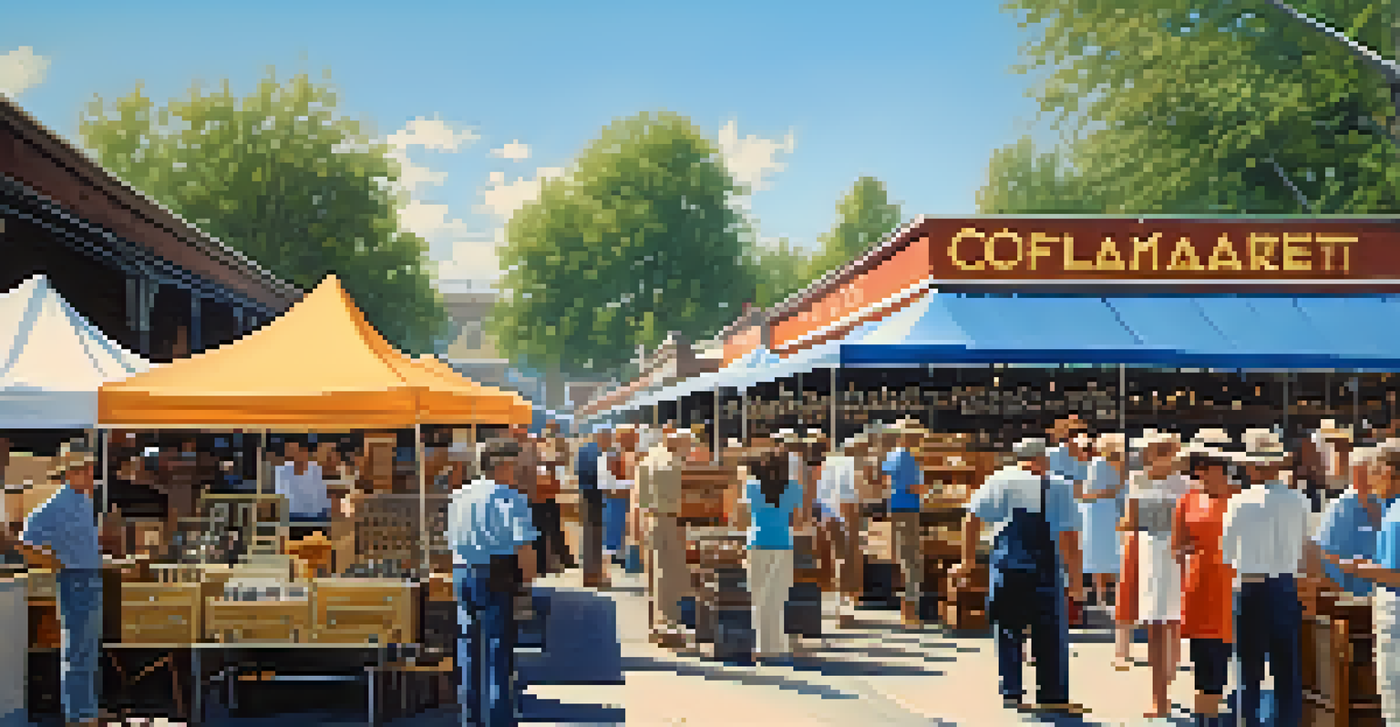 A lively flea market with stalls displaying vintage doors and hardware for home restoration, under a clear blue sky.
