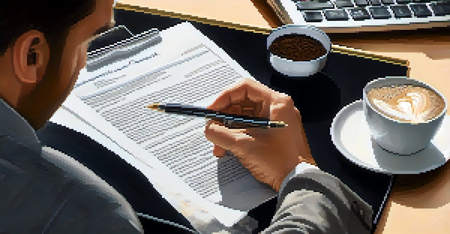 A person using a magnifying glass to review a real estate contract in a bright office space with a laptop and coffee.