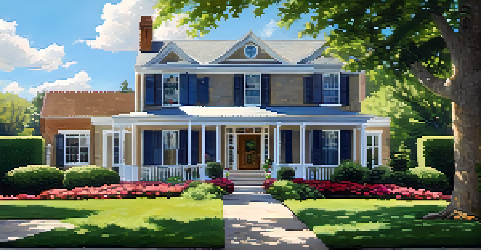 A bright and well-kept property with a green lawn and colorful flower beds under a clear blue sky.