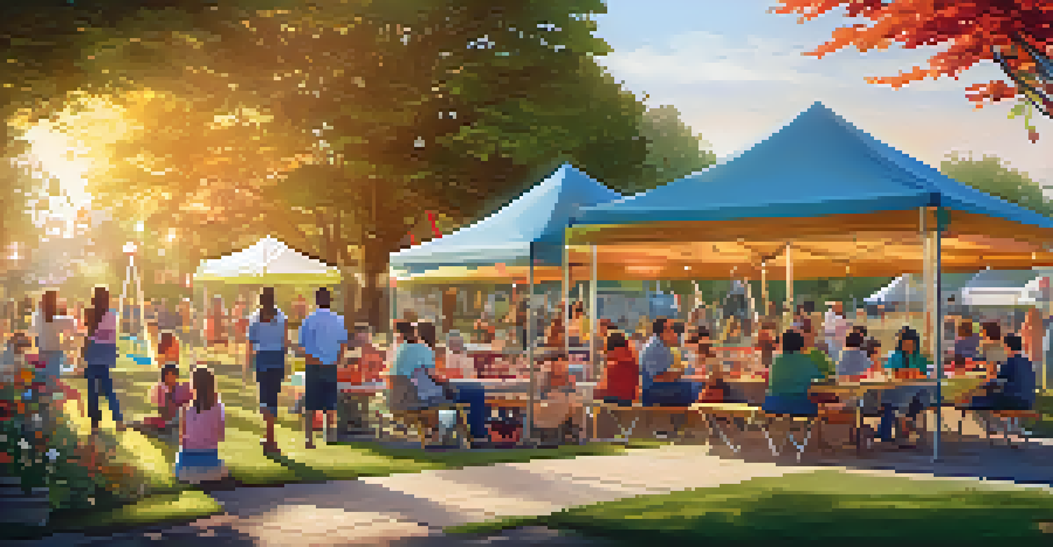 A lively community event in a park with families picnicking, children playing, and colorful decorations creating a festive atmosphere.