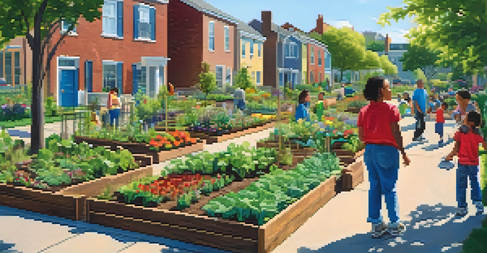 A community garden with families working together, vibrant vegetable patches, colorful flowers, and a small park area with children playing.