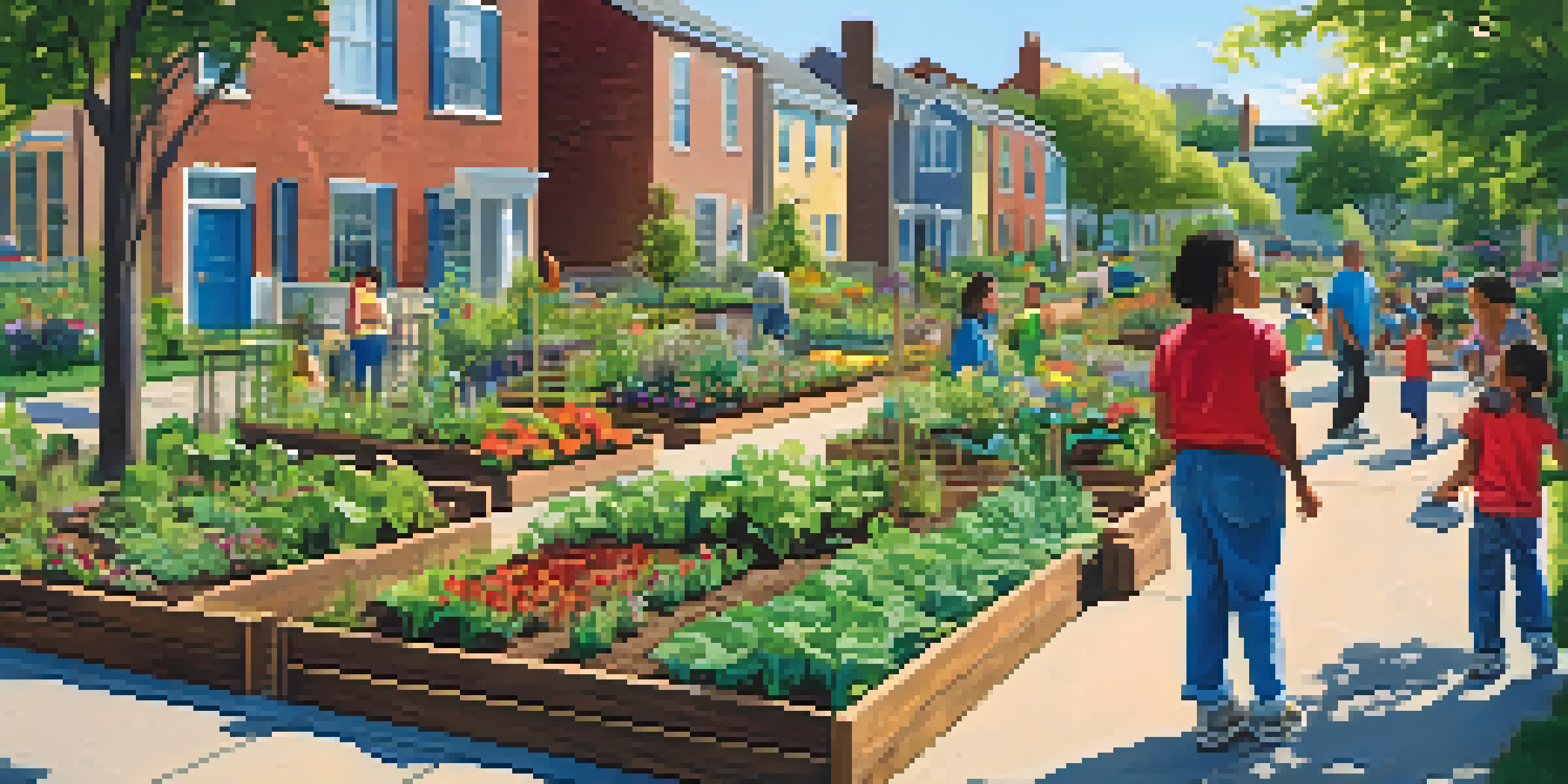 A community garden with families working together, vibrant vegetable patches, colorful flowers, and a small park area with children playing.