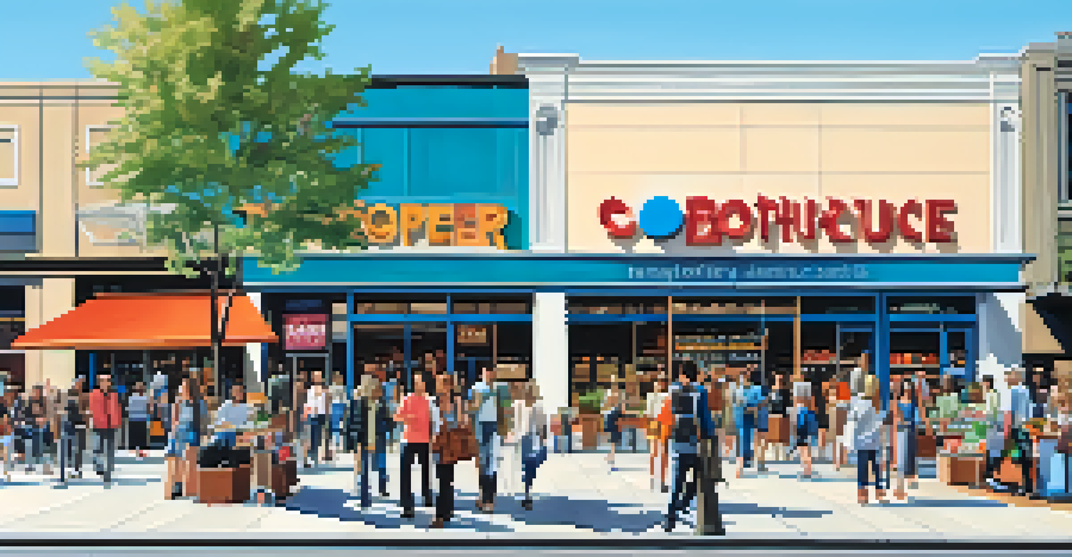 A vibrant urban shopping center with diverse shoppers, trendy boutiques, and outdoor seating under a clear blue sky.