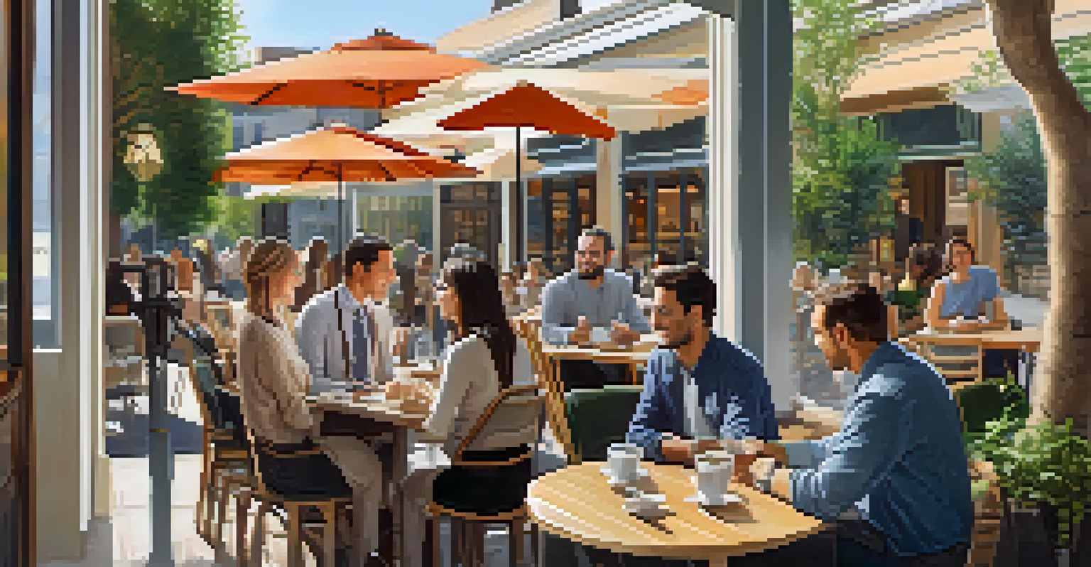 Real estate professionals having an outdoor meeting at a café, discussing market strategies with laptops and notepads.