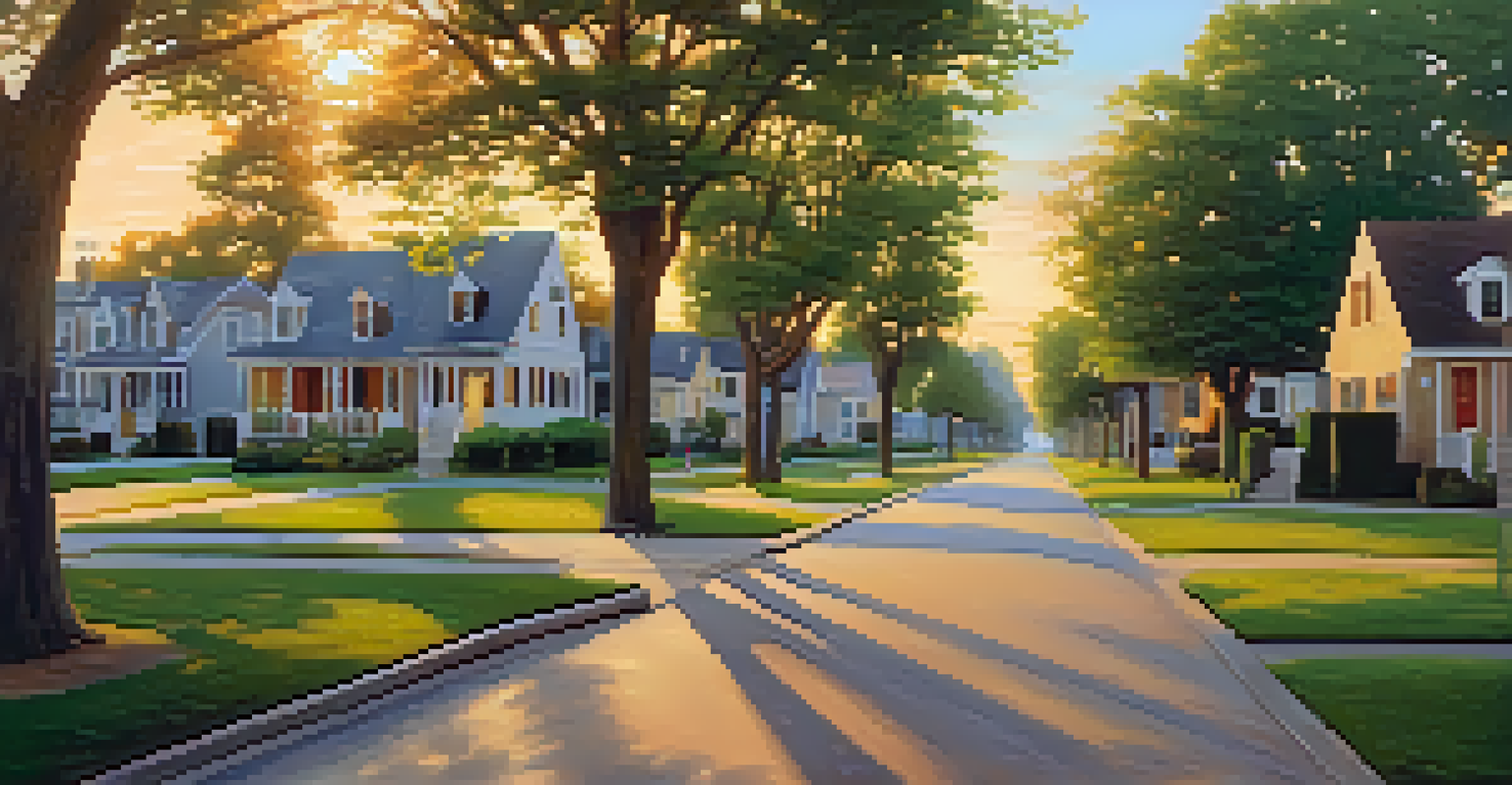 A tranquil neighborhood with houses and gardens, leading to a visible park in the distance. The sunset creates a warm glow over the scene.