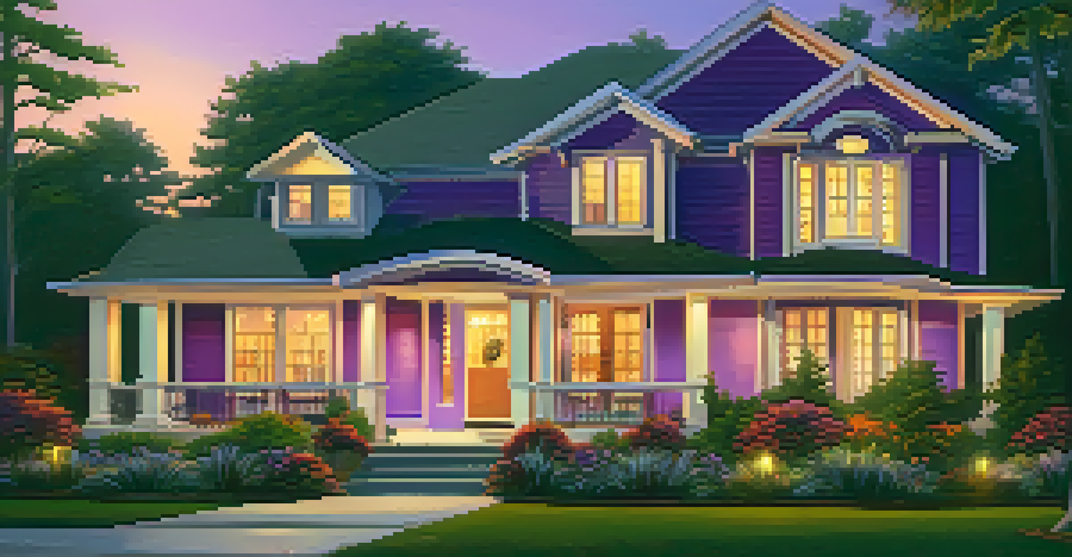 A smart home at dusk with illuminated garden lights and security features, set against a beautiful sunset.