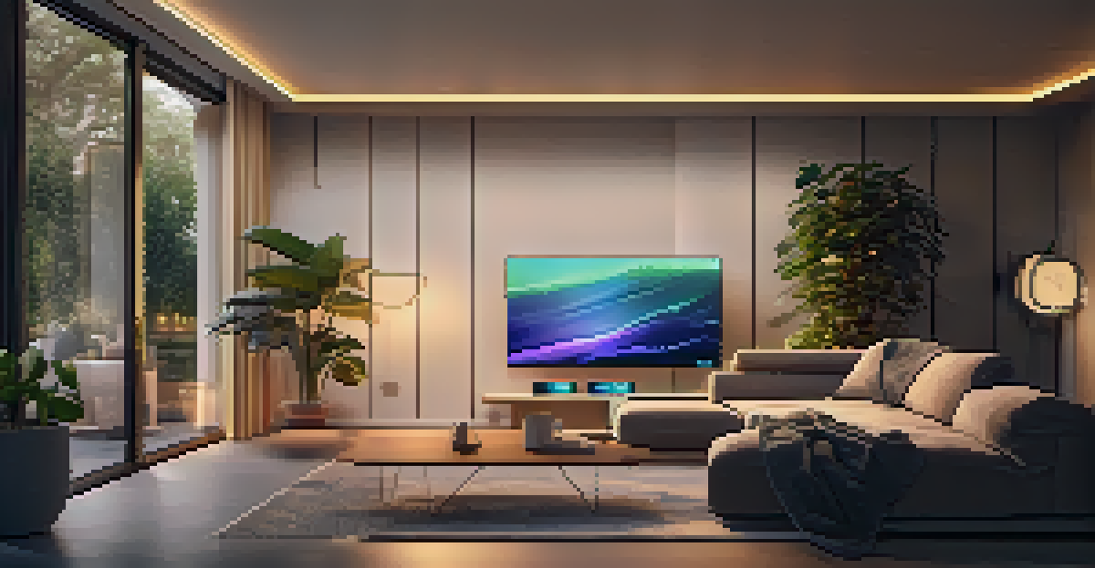 A comfortable living room where a person is using a smartphone to control smart lights and speakers, with a warm and inviting atmosphere.