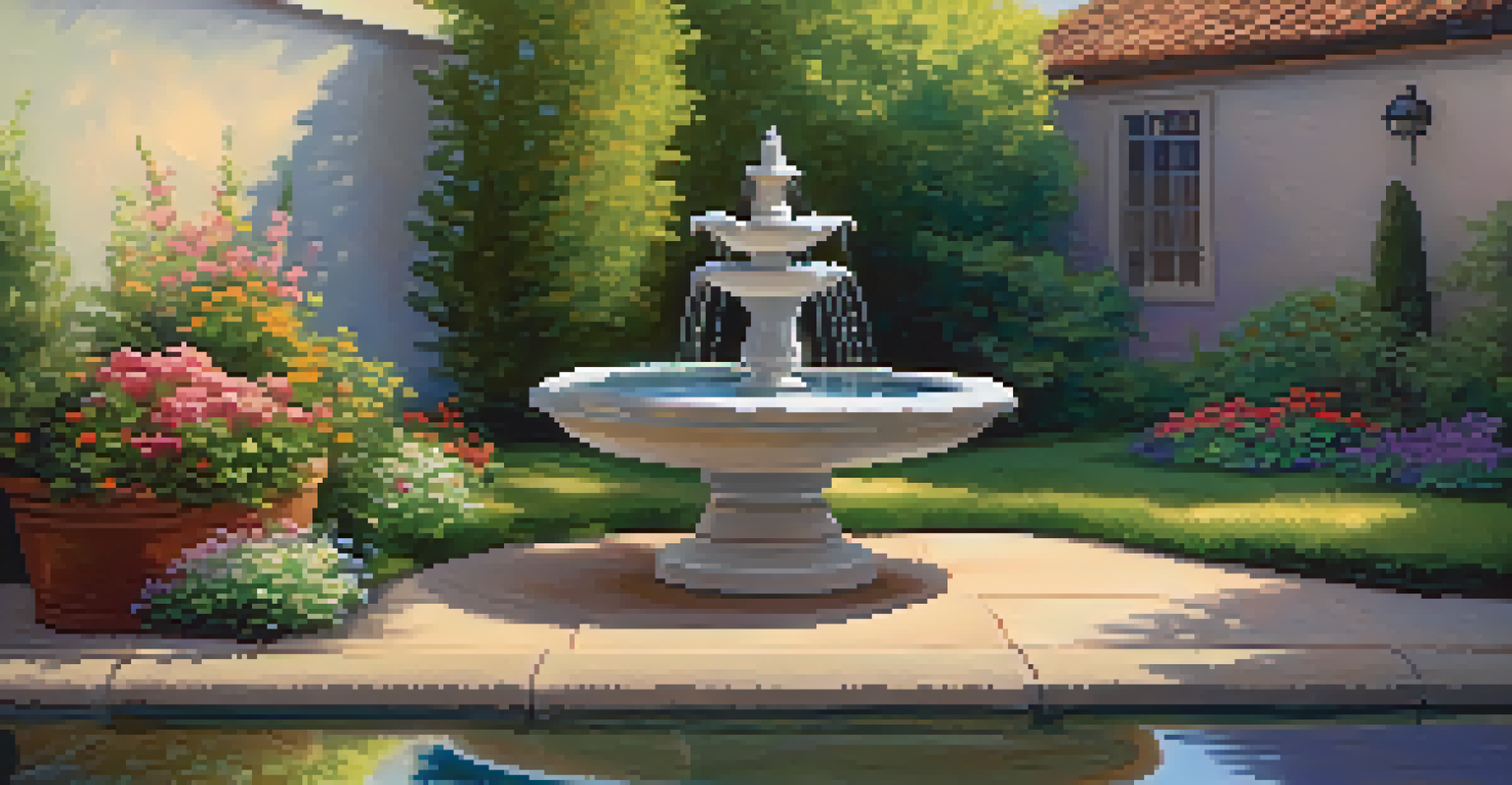 A serene small garden with a tabletop fountain and colorful flowers creating a peaceful atmosphere.