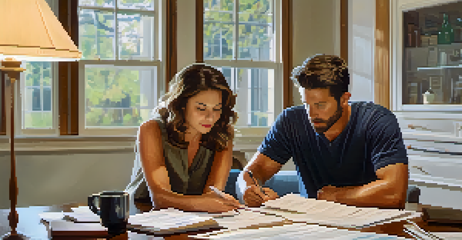 A couple reviewing real estate paperwork at a dining table, surrounded by documents and warm lighting.
