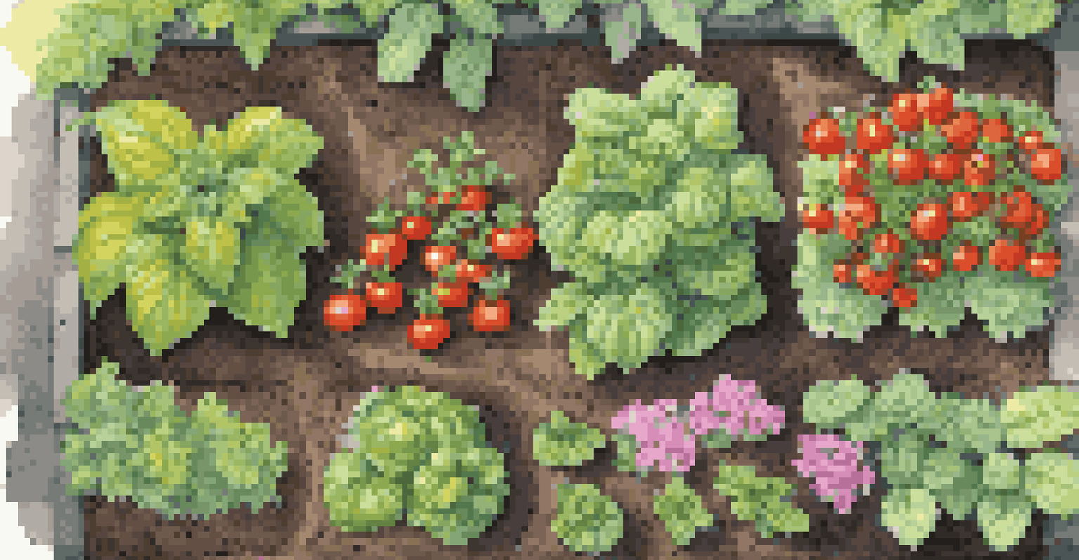 An overhead view of a small garden bed with tomatoes and basil planted together, surrounded by colorful flowers under bright afternoon sunlight.
