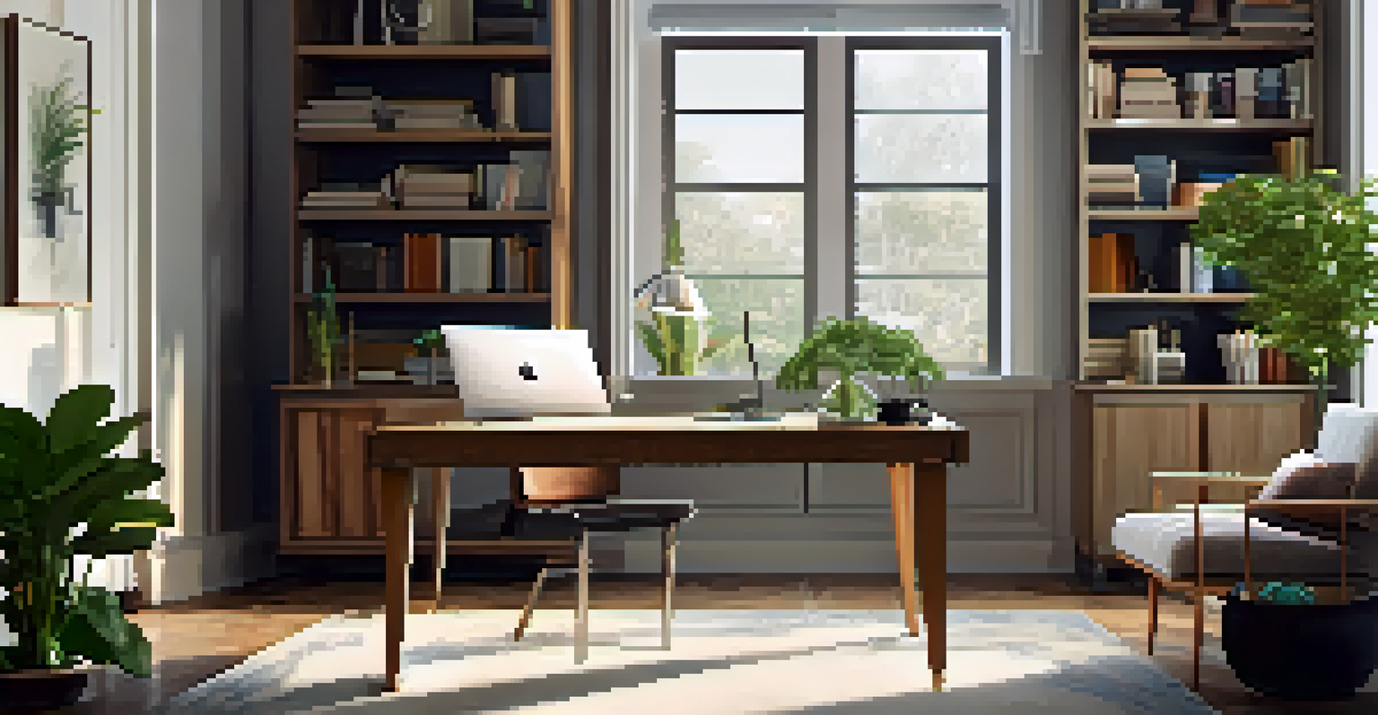 A modern home office with a wooden desk, laptop, and large windows allowing natural light.