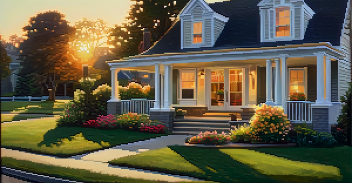 A picturesque suburban home with a beautiful lawn and flowers, bathed in the warm glow of a sunset.