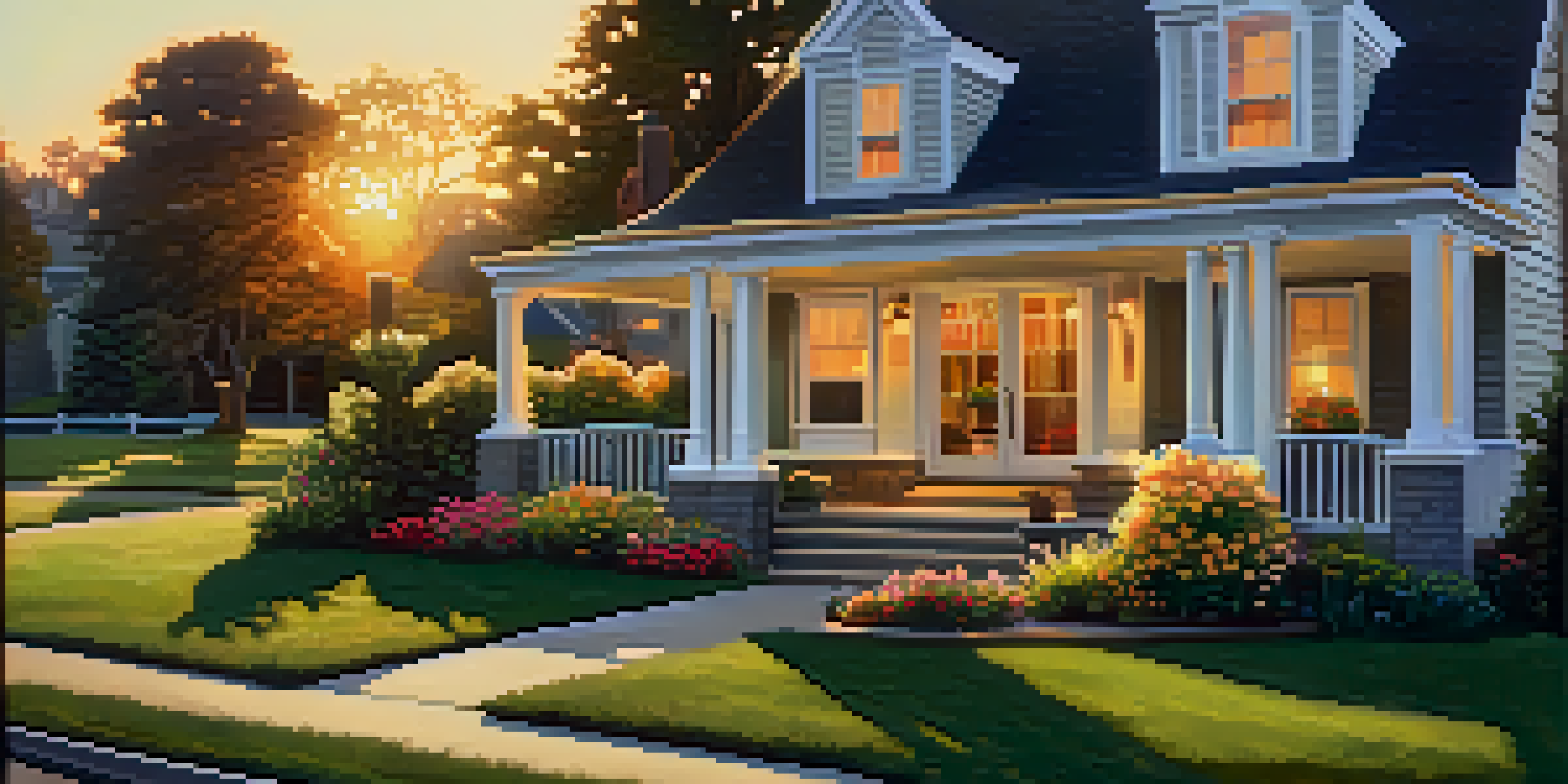 A picturesque suburban home with a beautiful lawn and flowers, bathed in the warm glow of a sunset.
