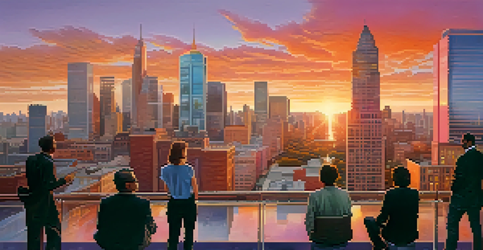 A diverse group of people discussing in front of a vibrant city skyline at sunset with colorful skies.