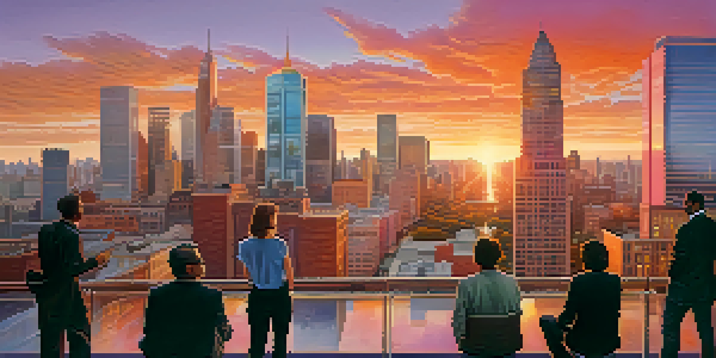 A diverse group of people discussing in front of a vibrant city skyline at sunset with colorful skies.