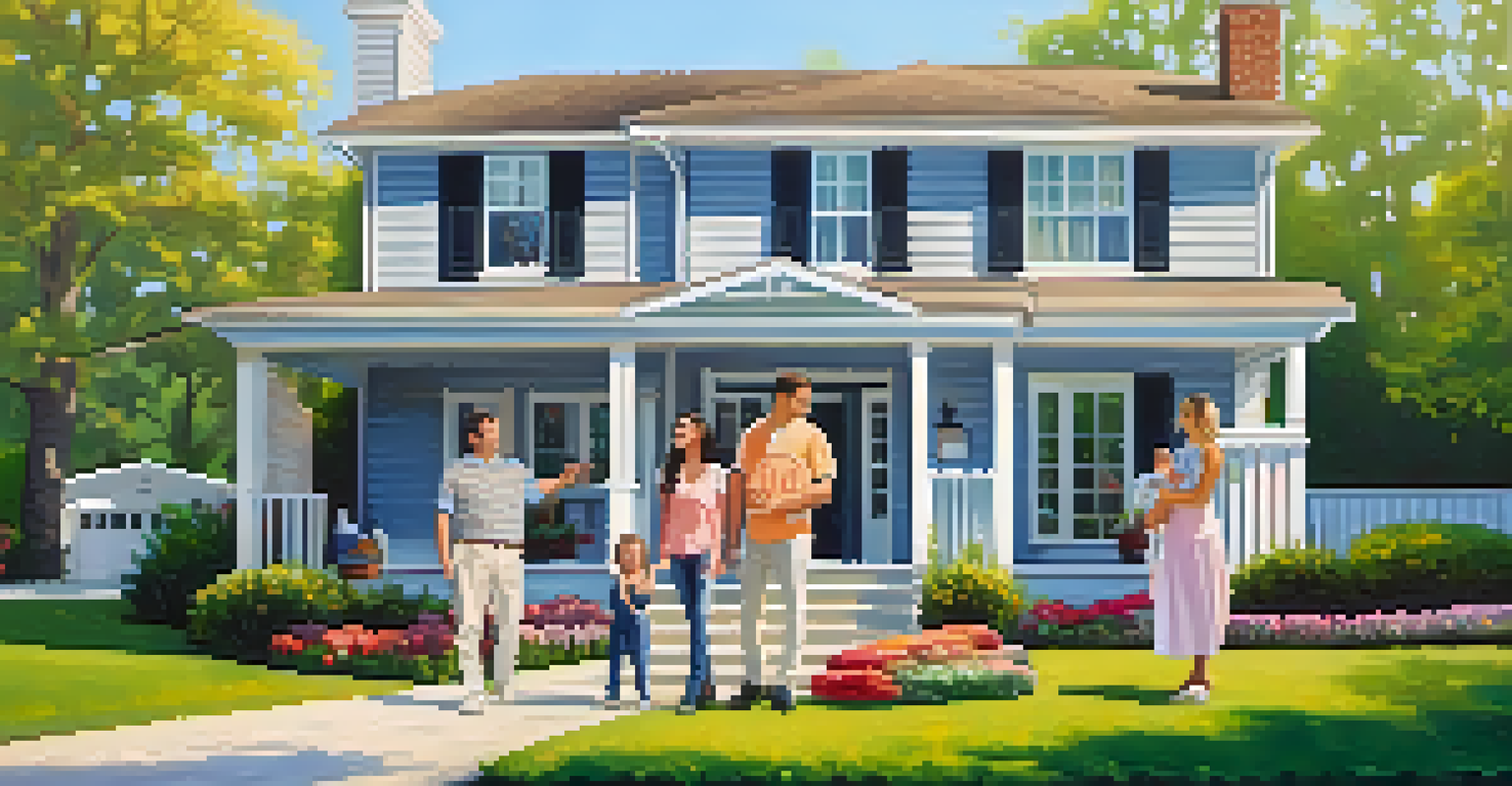 A joyful family in front of their new home, holding a 'Sold' sign, with a beautifully landscaped yard and bright sunlight.