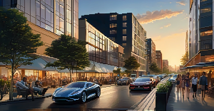 A vibrant urban skyline with modern luxury apartments at sunset, featuring reflective glass and lively street scenes.