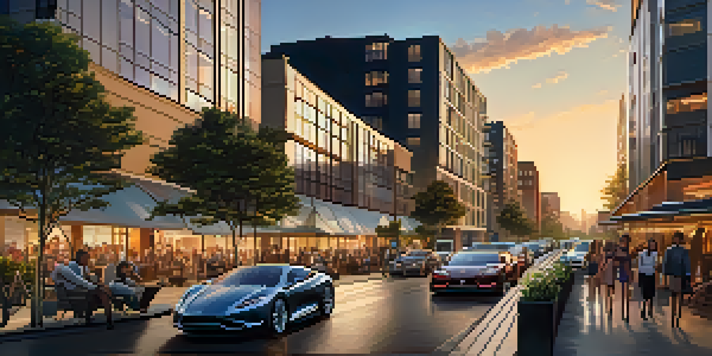 A vibrant urban skyline with modern luxury apartments at sunset, featuring reflective glass and lively street scenes.