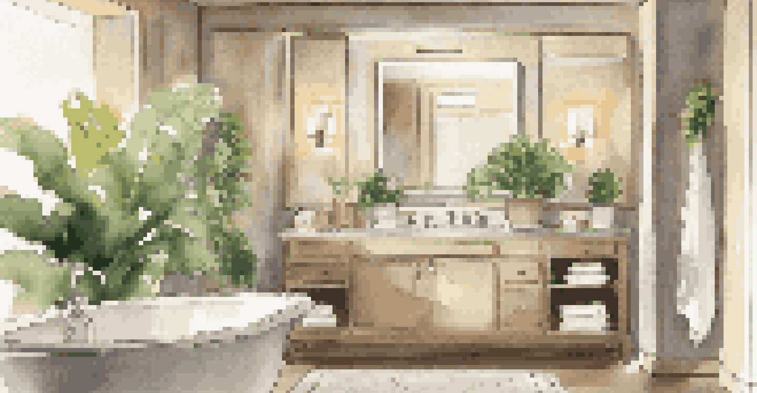 A bathroom with warm lighting, sconces near a mirror, and houseplants creating a serene ambiance.